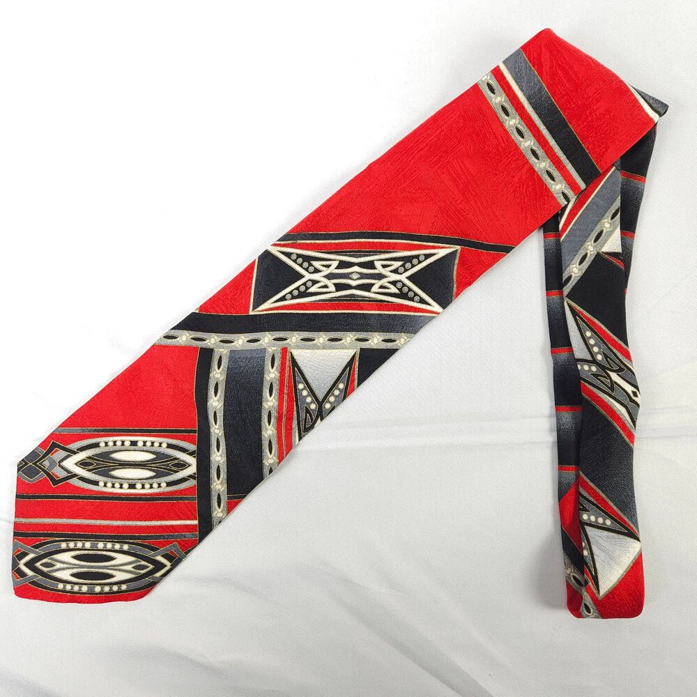 Bachrach Red Black Geometric‎ 100% Silk Made in Italy Necktie Men's